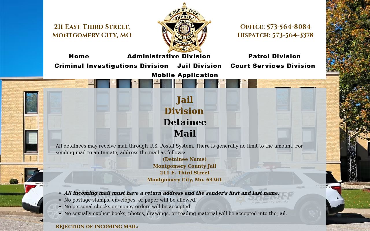 Montgomery City detainee mail rules at the county jail