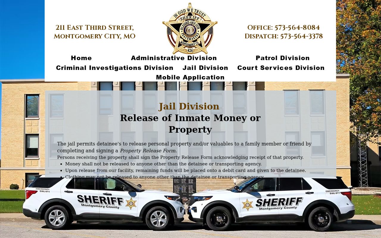 Montgomery City booking property release rules at the county jail