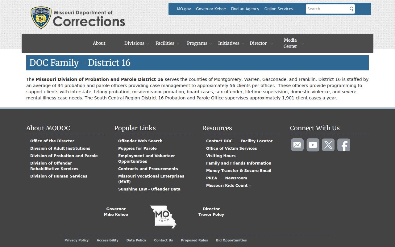 Missouri probation and parole District 16 serving Montgomery City records